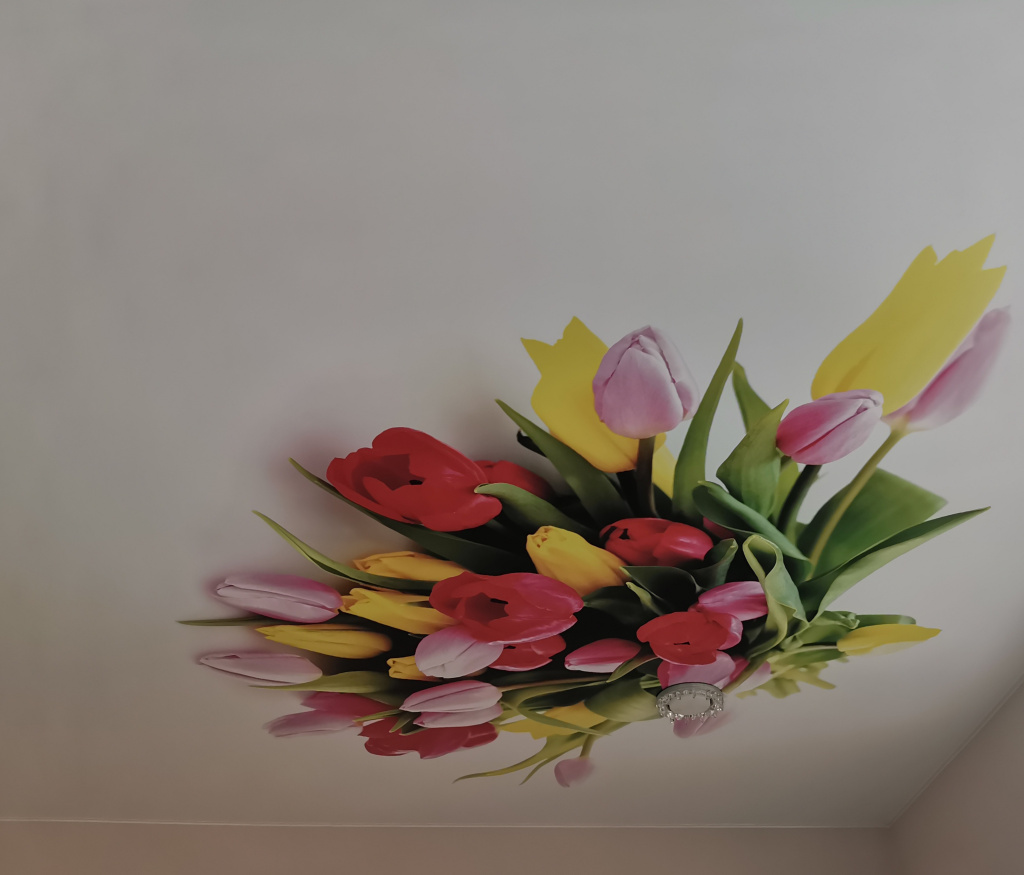 Натяжные потолки с фотопечатью, рисунок в виде букета цветов